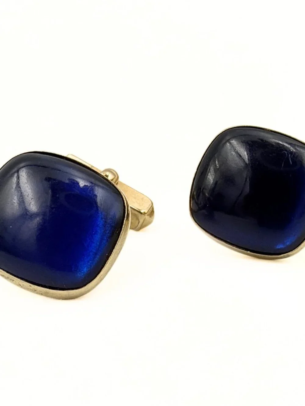 Antique Art Deco Swank Signed Cushion Cut Blue Glass MCM Minimalist Cufflinks